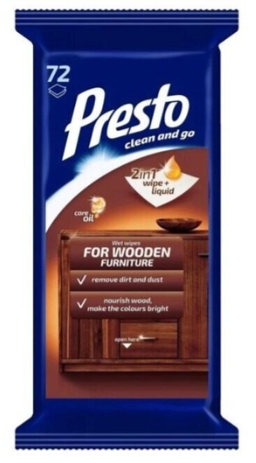 Tīrīšanas salvetes PRESTO CLEAN, koka virsmām, 72gab